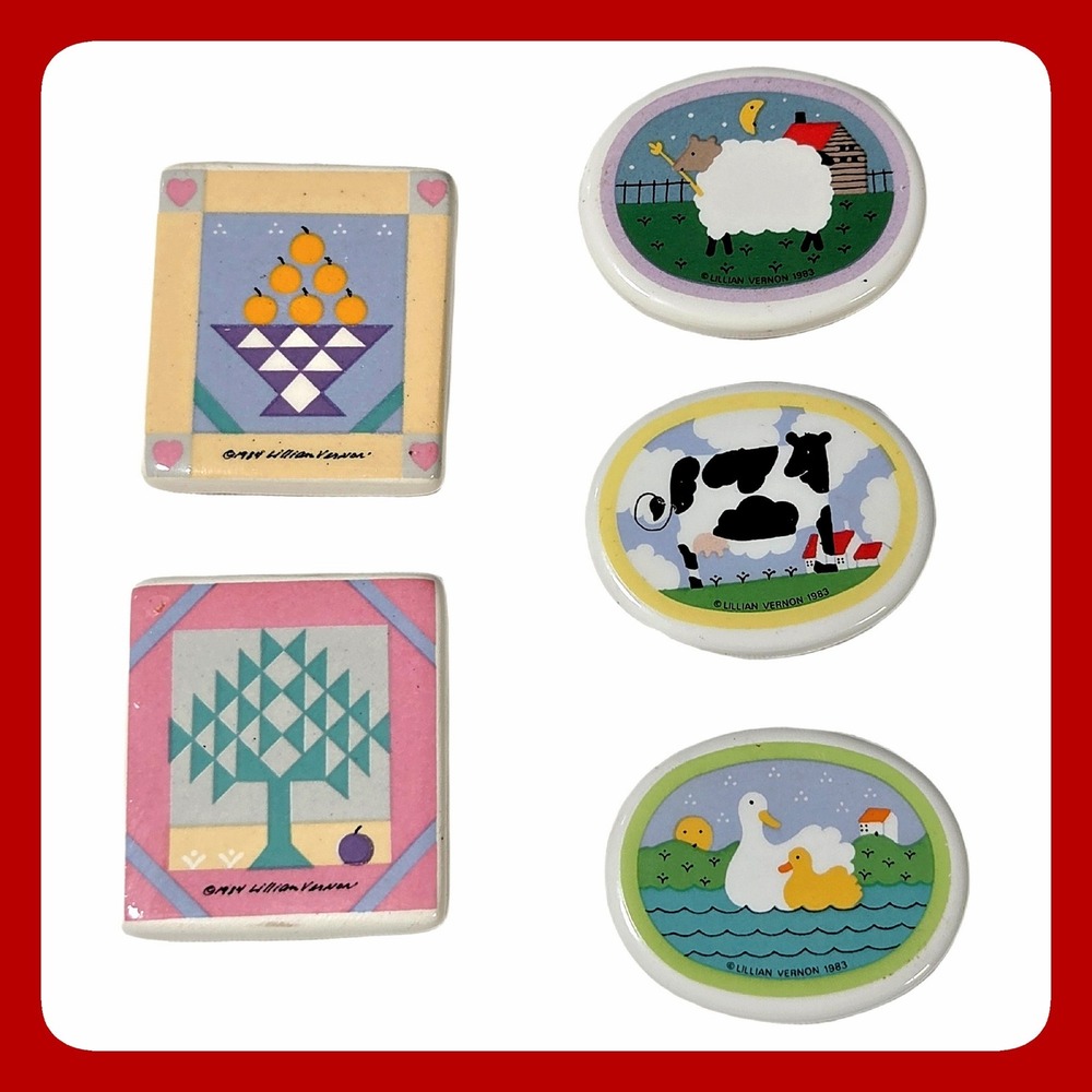 Lillian Vernon Vintage 1983 1984 Folk Art Country Farm Fridge Magnets Set 5pc